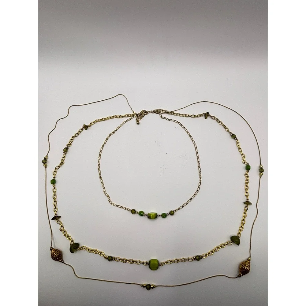 Sonoma Goods for Life Gold Tone Layered Necklace Green Beads Filigree 36 Inch